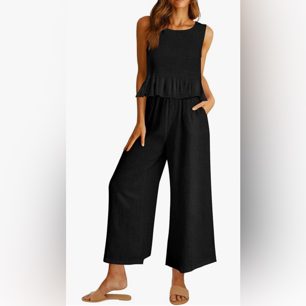 Nwt Womens Summer 2 Piece Outfits Linen Crop Tank Tops Lounge Matching Set